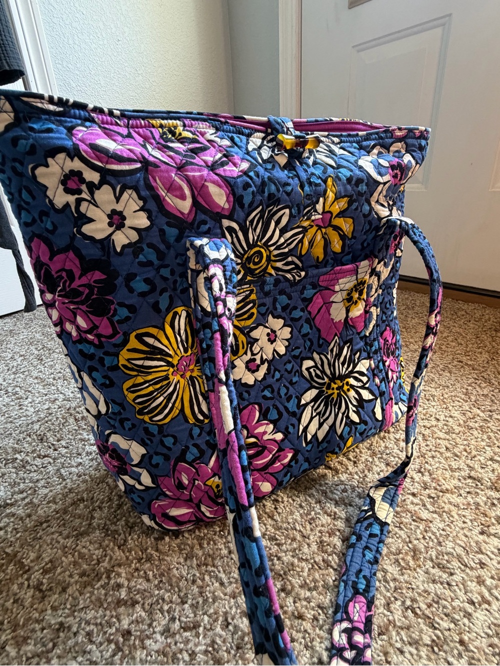 Vera Bradley African Violet Quilted Floral Shoulder Tote in Navy, Pink & Yellow